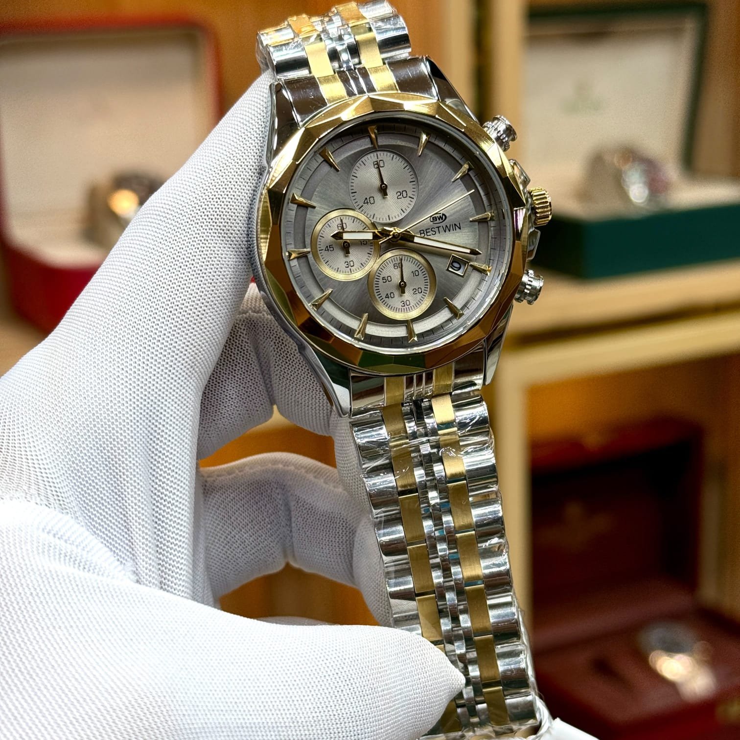 BESTWIN Luxury Two-Tone Chronograph Men's Watch - Gold & Silver Stainless Steel Chain with Grey Dial & Date Display